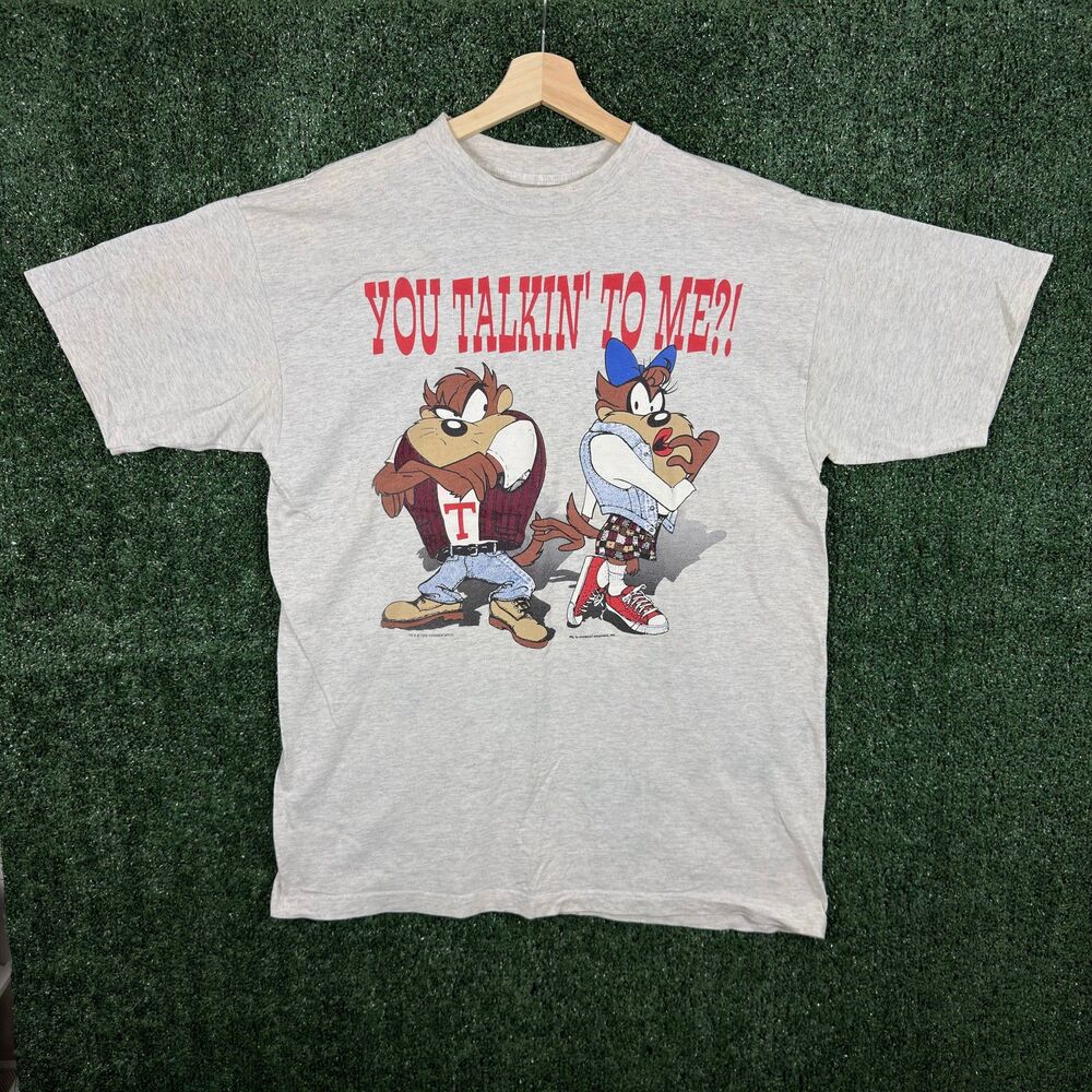 Vintage 90s Looney Tunes Taz You Talkin To Me T-Shirt Men's XL Gray Graphic 1995